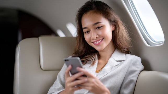 Young Asian Businesswoman Enjoys Private Jet Travel with Smartphone Staying Connected in Luxury and Comfort Modern Aviation Business On the Go