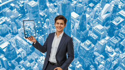 Young entrepreneur presenting a startup idea illustrated in isometric style with focus on remote work and digital nomadism theme. Ideal for marketing, editorial, or educational uses.