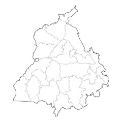 Punjab India state map with administrative districts. High-resolution black and white vector line art outline. SVG, EPS, PDF for graphic design, web, cartography, and education