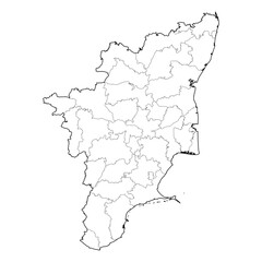 Tamil Nadu India state map with district subdivisions. High-resolution black and white vector line art. SVG, EPS, PDF for graphic design, presentations, cartography, and education