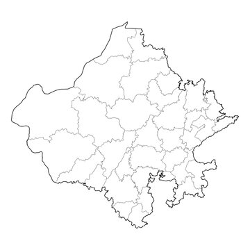 Rajasthan India state map with all districts shown. High-quality black and white vector line art outline. SVG, EPS, PDF for graphic design, tourism, cartography, and educational use