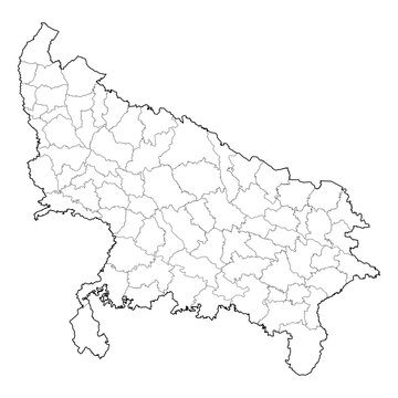 Uttar Pradesh India state map with districts. High-resolution black and white vector line art outline. SVG, EPS, PDF for graphic design projects, presentations, cartography, and education