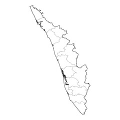 Kerala India state map with all districts shown. High-quality black and white vector line art outline. SVG, EPS, PDF for graphic design, tourism, cartography, and educational content