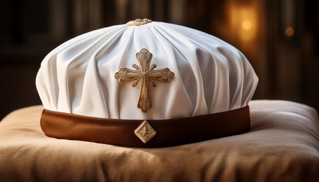 pristine white silk papal zucchetto skullcap is meticulously placed on a plush cushion symbolizing a vacant papal see with quiet dignity