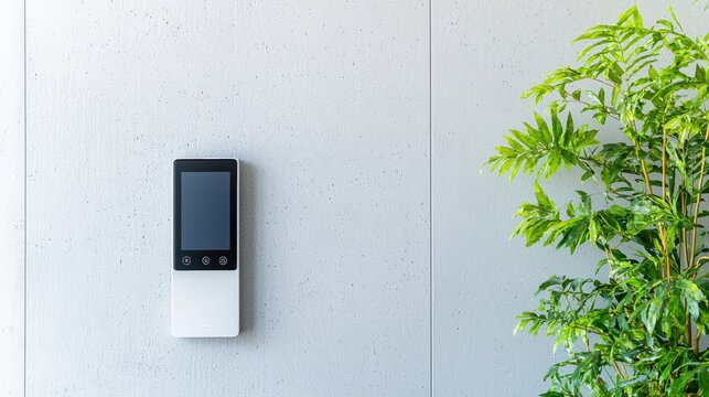 Modern smart home intercom system on concrete wall with plant