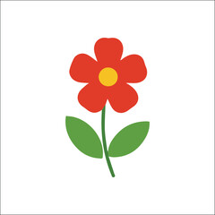 Bright red cartoon flower with five petals and two green leaves – cheerful flat illustration for spring, children’s themes, greeting cards, and seasonal garden vector assets

