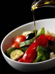 Drizzling Olive Oil on Fresh Vegetable Salad, Healthy Eating and Diet Concept