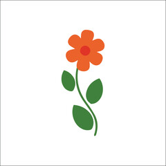 Simple orange flower with round petals and two green leaves – flat floral illustration ideal for garden graphics, botanical printables, or seasonal vector art assets

