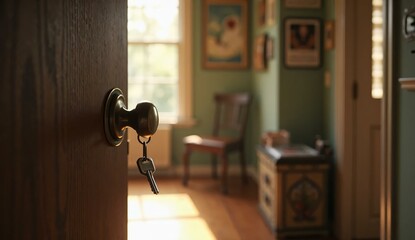 Key in a door lock of a cozy room, symbolizing new beginnings and homeownership.