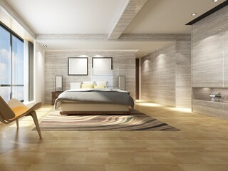 Mock up of a bright bedroom with a large comfortable bed and a fashionable decorative background, 3D rendering.