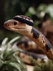 Fototapeta premium Funny Snake Portrait Wearing a Knitted Hat Outdoors in Natural Light Setting