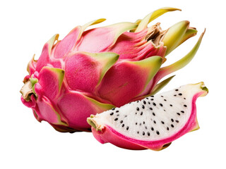 Fresh Pink Dragon Fruit with White Inner Flesh and Black Seeds on Transparent Background