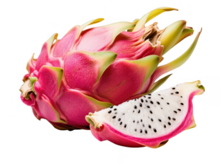Fresh Pink Dragon Fruit with White Inner Flesh and Black Seeds on Transparent Background