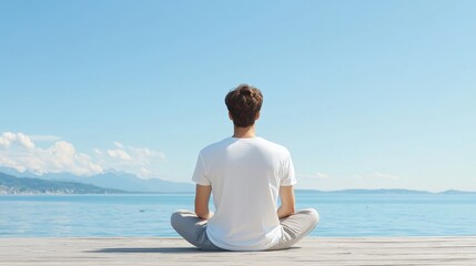 Fototapeta premium Serene lakeside meditation man finding peace by the water