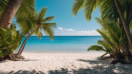Obraz premium Serene Tropical Beach Paradise White Sand, Turquoise Water, Lush Palm Trees