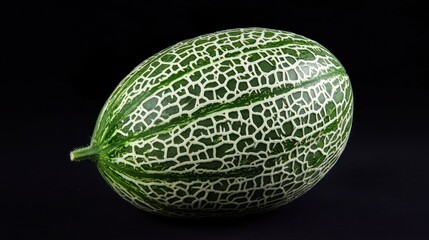 A green and white melon with a black background