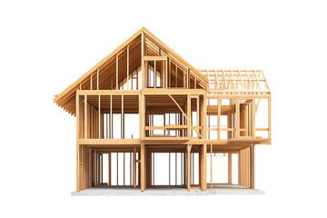 Wooden framework of a two-story home under construction with transparent background