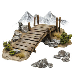 Wooden Bridge Over Dry Riverbed with Mountain on white background,png