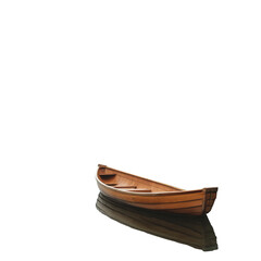 Wooden Rowboat on Calm Gray Lak in Misty Fores on white background,png