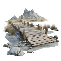Wooden Bridge Over Dry Riverbed with Mountain on white background,png