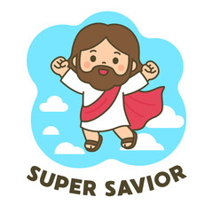 Cartoon Superhero Jesus Flying with Text Super Savior