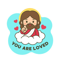Cartoon Jesus Pointing at Viewer with Hearts and You Are Loved Text