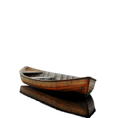 Wooden Rowboat on Calm Gray Lak in Misty Fores on white background,png