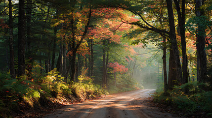 Obraz premium Scenic Forest Road With Morning Mist And Vibrant Seasonal Foliage
