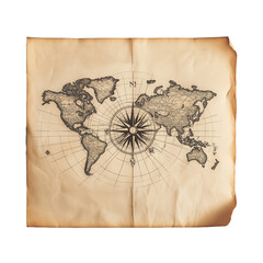 World Map with Compass Rose Flatlay on white background,png