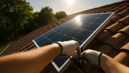 Technician hands connecting solar panel cables on tile roof. Green energy installation concept. Clean power generation footage. - Powered by Adobe