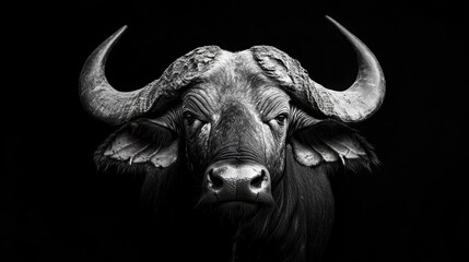 Naklejka premium African buffalo with curved horns staring directly at the camera