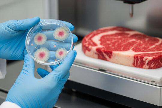 Scientist holding a petri dish with stem cell colonies, showcasing the origin of cultured meat with a finished steak visible in the laboratory background.