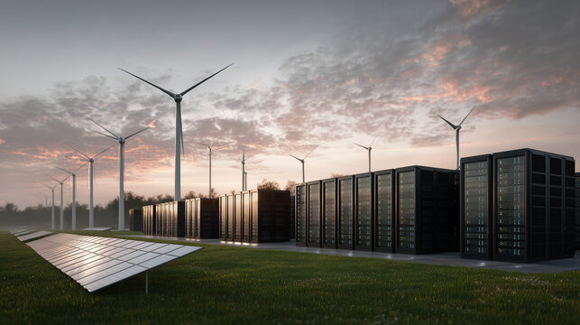 Eco-friendly Data Center Powered by Solar Panels and Wind Turbines, Sustainable Energy Technology