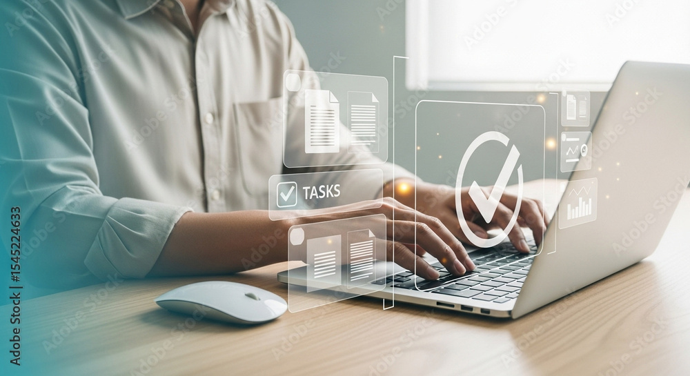 Aufkleber Person using laptop with task management interface overlayed on the screen and a mouse nearby