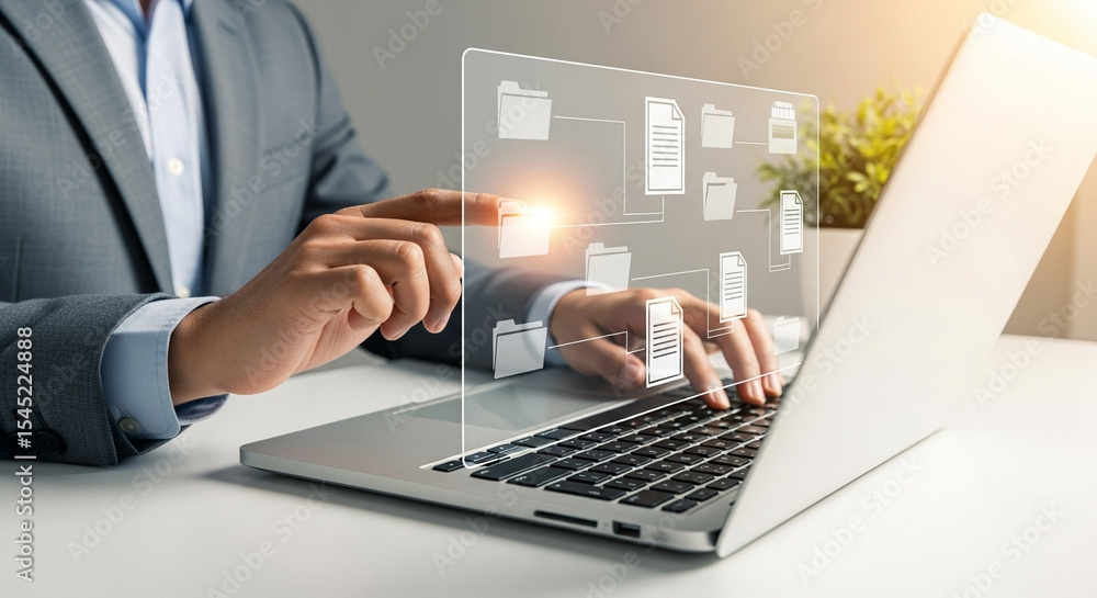 Poster A person using a laptop with document and folder icons displayed on a transparent screen overlaying it