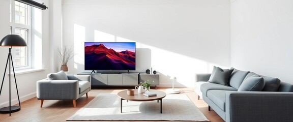 Grey sofa in bright Scandinavian living room, large window, minimalist TV setup, cozy, living space