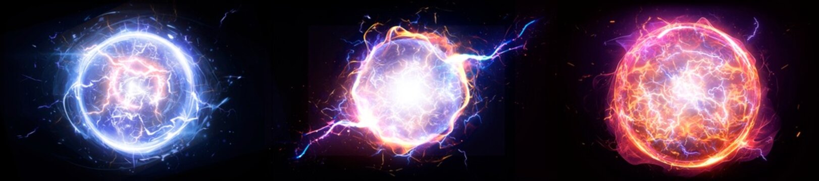 Electric Sphere magical plasma Overlay Effect, Lightning Bolt, Blue Yellow Pink Magic Energy Sparks Power Visual FX, Electricity Discharge on Black Background, VFX, Electrical spheres Thunder Design