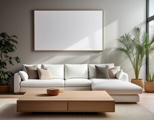 modern interior with large blank wall for display featuring cozy white sofa