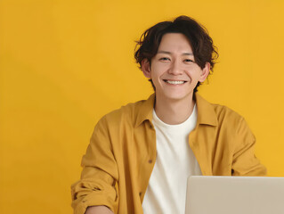 スタートアップ・SNS・教育コンテンツに最適な、カジュアルな服装の若い男性の笑顔写真