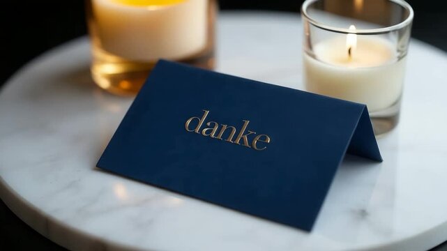 danke card on a table with candles