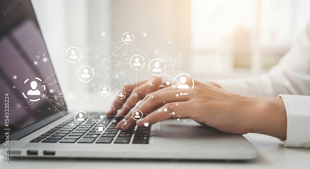 Poster person typing on a laptop with a social network overlay connecting to virtual profiles online now