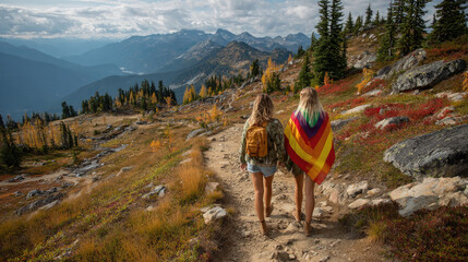 Two friends hiking a scenic mountain trail embraced by vibrant fall foliage under a cloudy sky.