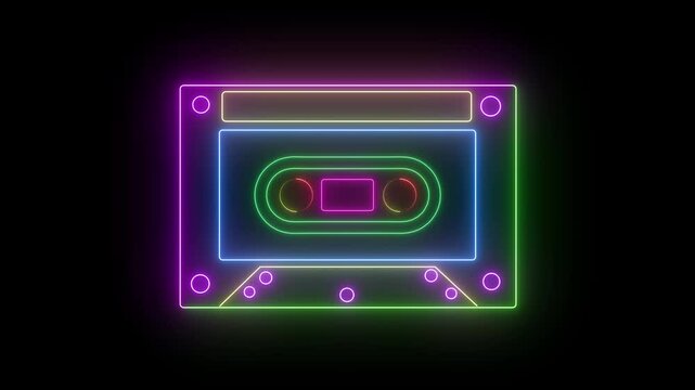 A retro neon tape loop animation displays a color gradient on a black background ,Seamless loop. Cassette tape recorder with speaker spinning cassettes from For music, pub, bar, dj, background.