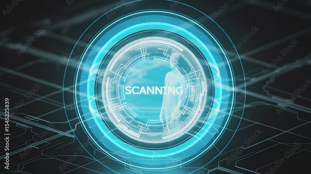 Poster tech scan: a futuristic digital rendering showcasing a body scan, evoking an atmosphere of innovatio