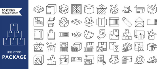 Package line editable icon set. Containing open and closed box, delivery box, container, storage, good packing, fragile, wrapped, offer, merchandise, surprise, and more. Vector illustration