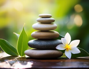 Obraz premium zen stones stacked in natural harmony with a flower and green leaves evoke a spa like balance and peace