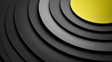 A black and yellow abstract pattern with a yellow circle in the center, surrounded by concentric circles of black, creating a sense of depth and dimension.