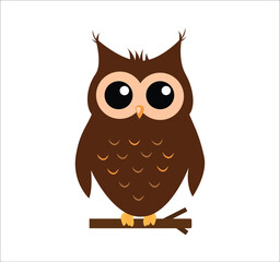 Adorable wide-eyed brown cartoon owl sitting on a branch, perfect for educational, autumn, or wildlife-themed graphics.