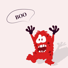 A cheerful red monster with upraised arms and a 
