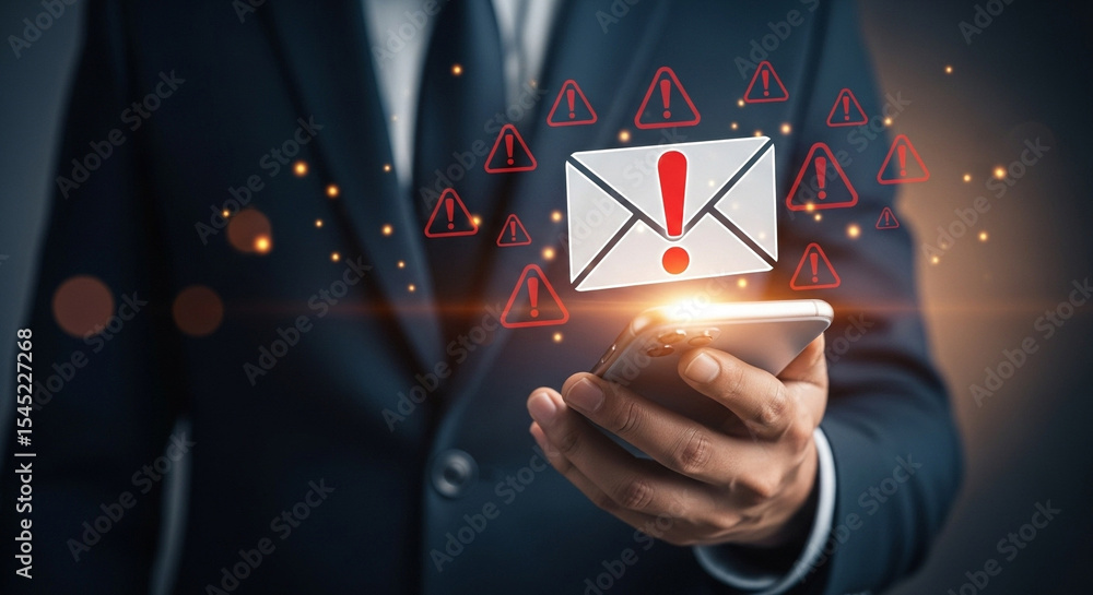 Poster Man in suit holding a phone with an email icon and multiple warning signs floating around it